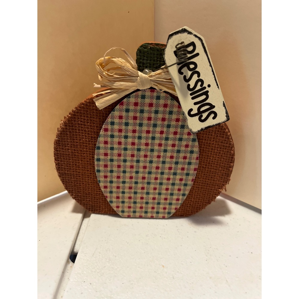 Rustic Wood Burlap Pumpkin Blessings Fall Thanksgiving Tabletop Decor Plaid 6in
